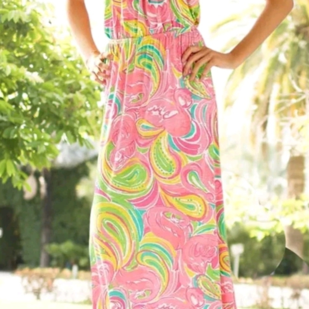 S Lilly Pulitzer Marlissa All Nighter Print Slub Jersey‎ Strapless Maxi Dress